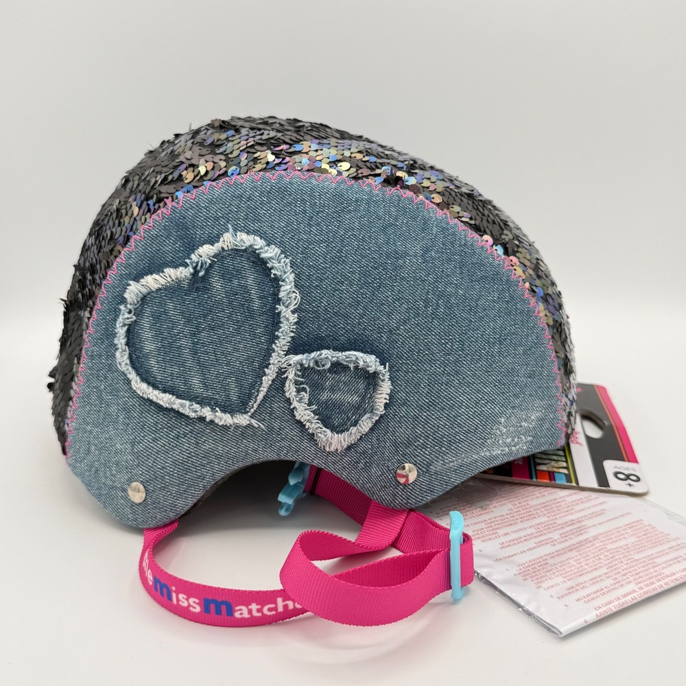LittleMissMatched Girls Bike Helmet Denim Heart Flip Sequins Ages 8+ Denim